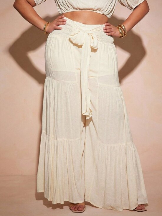 Pants - Apricot Casual Women's Plus Size Shirred Bowknot High Waist Tiered Pants